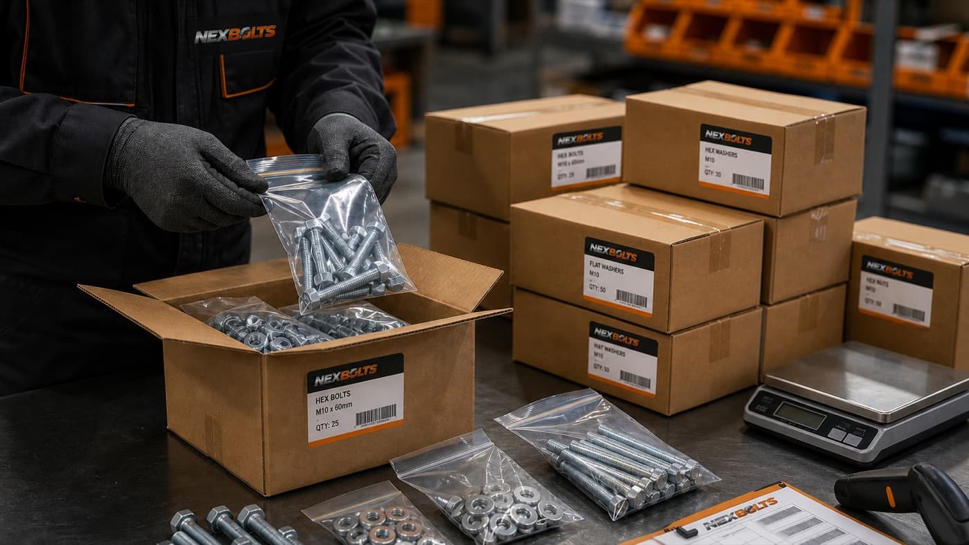 NEXBOLTS hex bolts kitted and bagged into labelled boxes for bulk dispatch