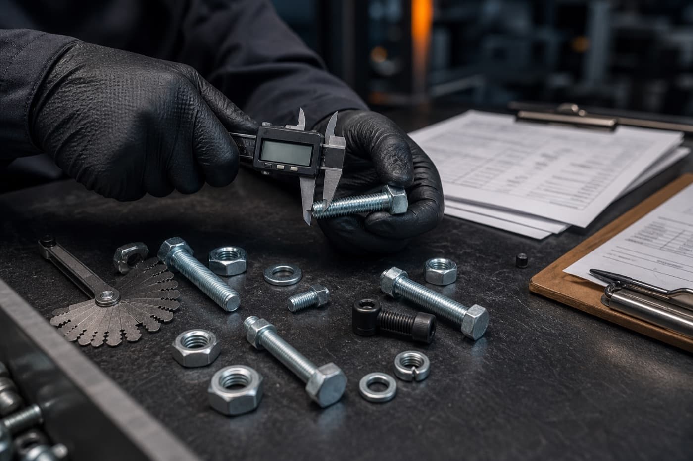Dimensional inspection of a bolt with a digital caliper in the QA lab